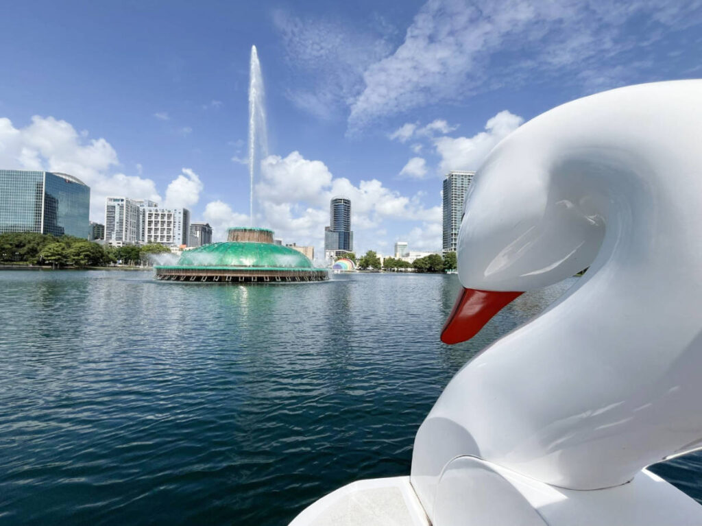 View while riding a swan boat in Lake Eola Park