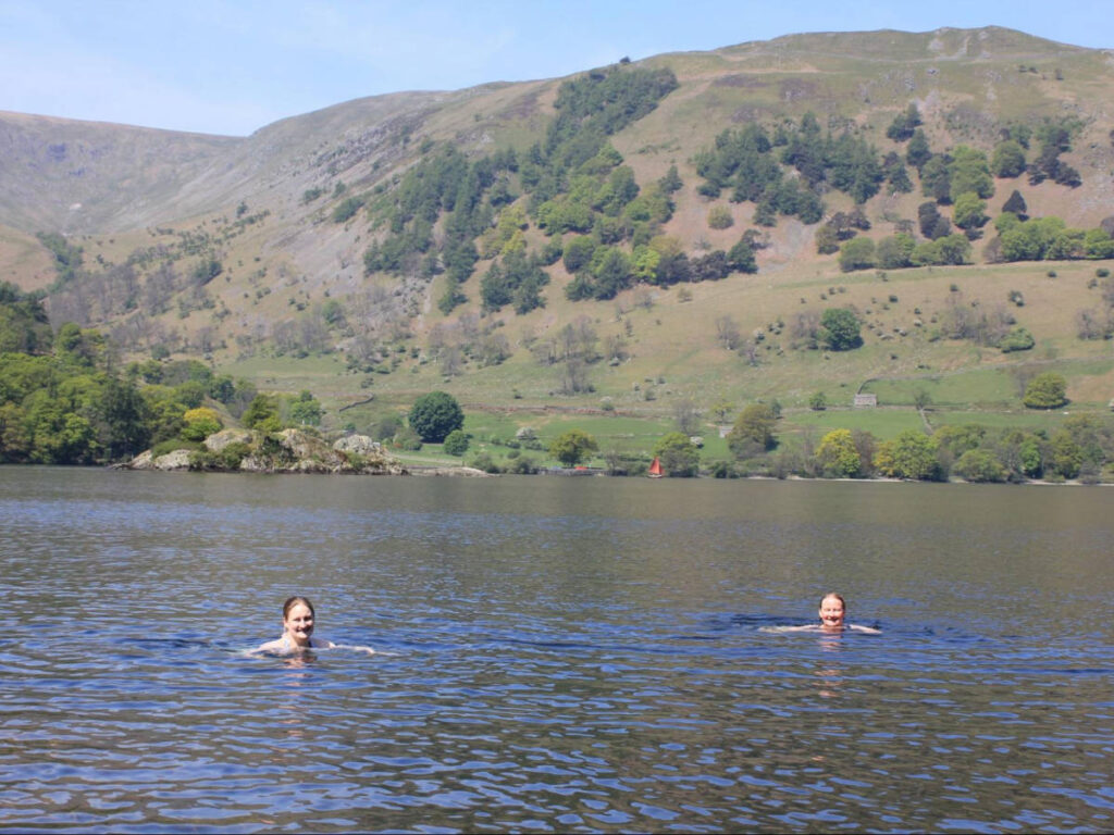 The author Heather Cole, swimming in Ullswater