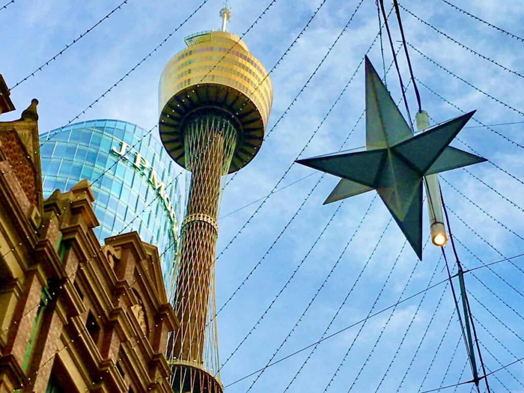 Perspective view of the Sydney Tower Eye against the clear blue sky