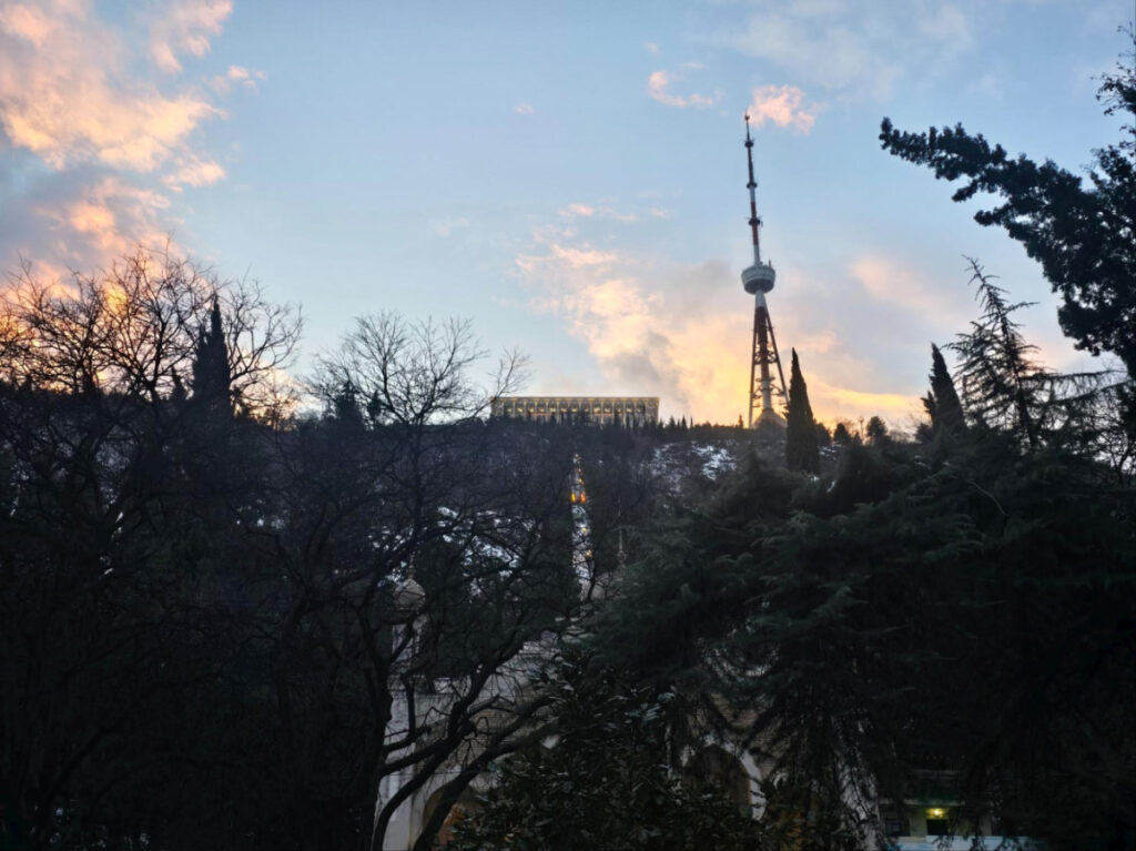 View of the TV Tower and Funicular Restaurant atop Mtatsminda mountain