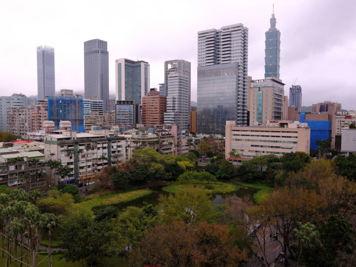 Panoramic view of the Taipei 101 and the city skyline from the hotel balcony