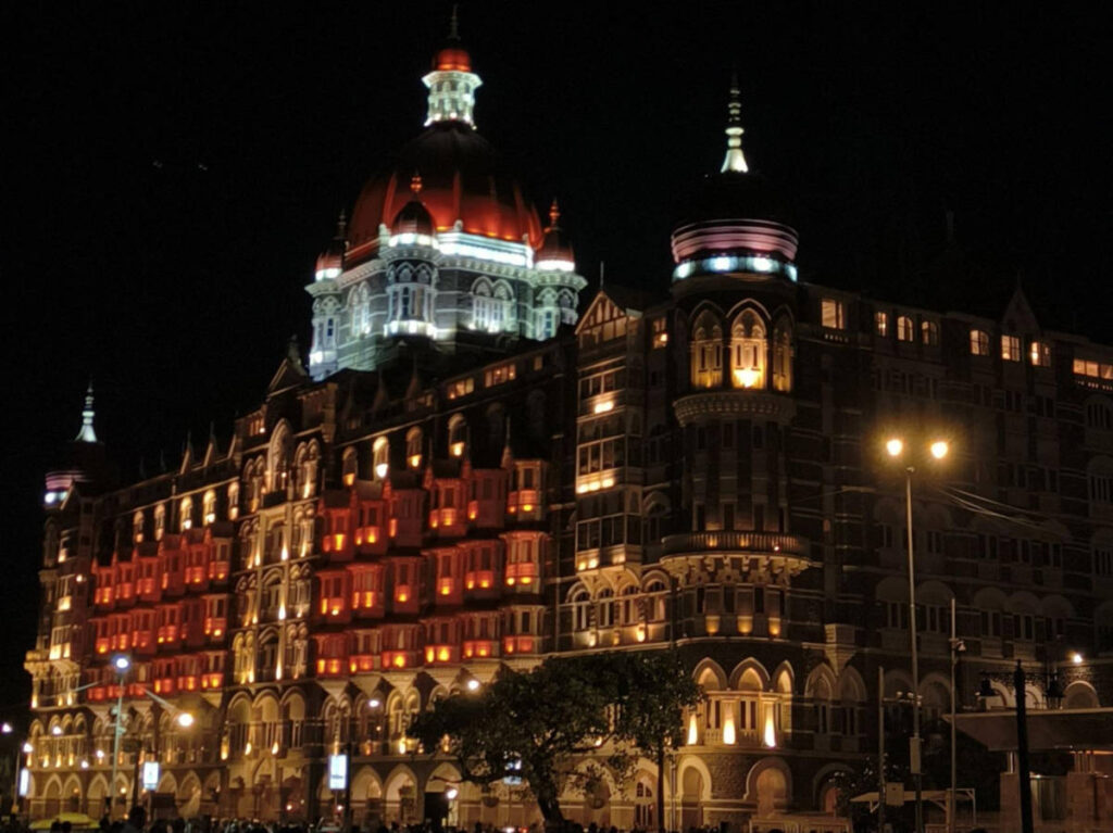 Exterior view of the Taj Mahal Palace & Hotel at night