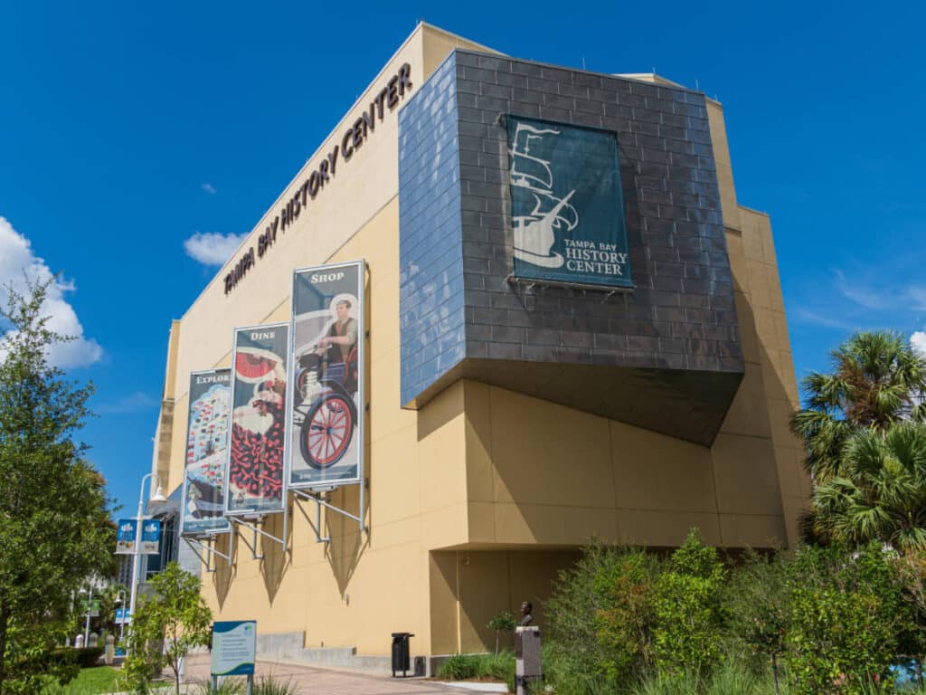 Clear blue sky over the Tampa Bay History Center building