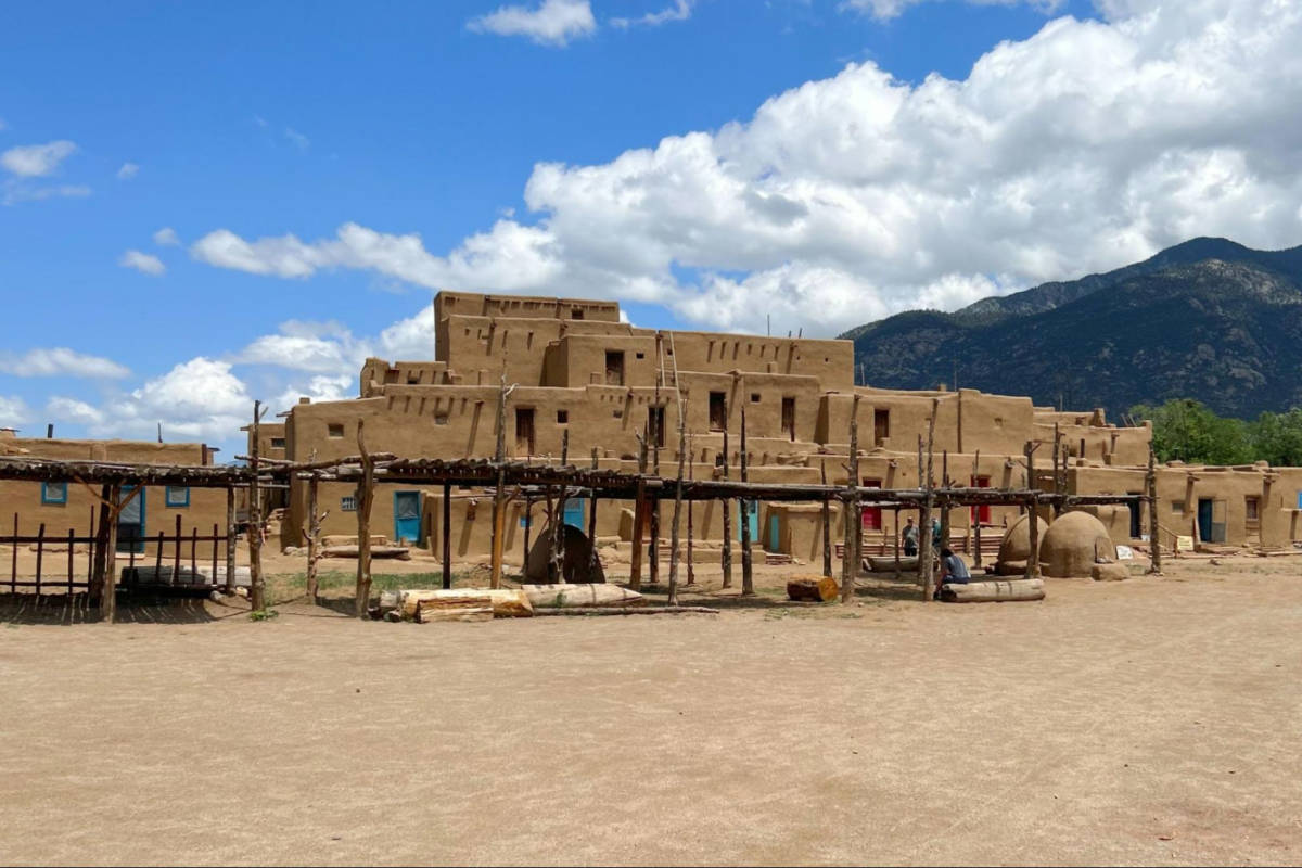 Panoramic view of the historic houses at a village in Taos Pueblo