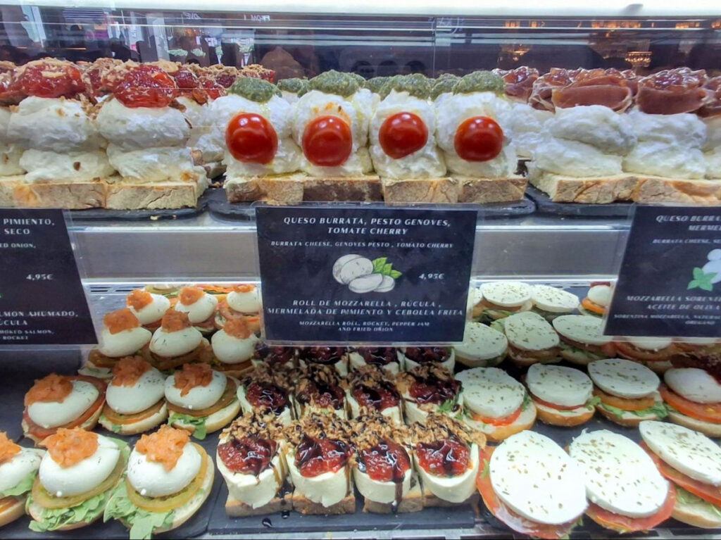 View of tapas on display at the Mercado San Miguel