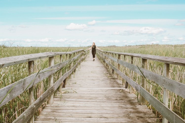Taylor stands on a boardwalk surrounded by tall green grass at Hecla Provincial Park in Manitoba Canada