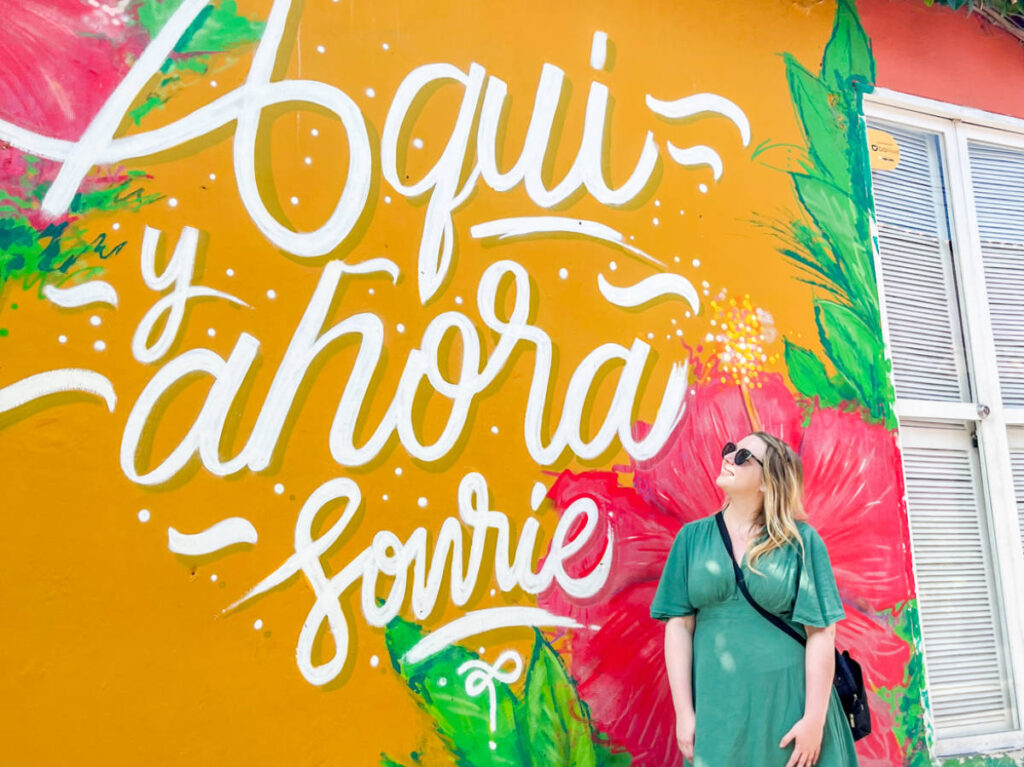 The author Taylor Herperger, smiling in front of the colorful mural in Cartagena on a sunny day