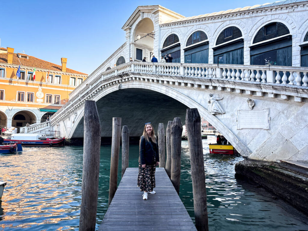 The author Taylor Herperger, standing on the San Marco side of the Rialto Bridge