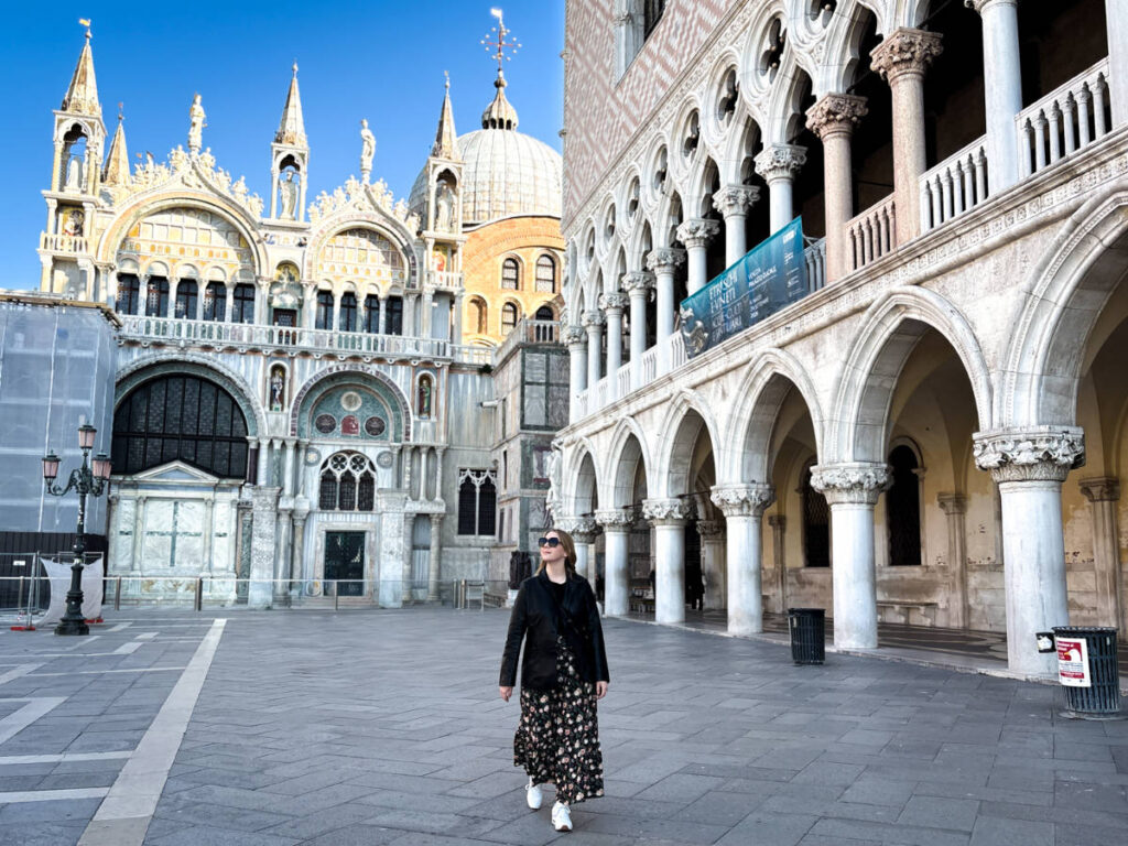 The author Taylor Herperger, posing for a photo in front of the St. Mark’s Basilica 