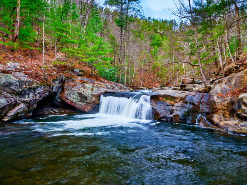 View of the Baby Falls in the middle of the forest in Tellico Plains
