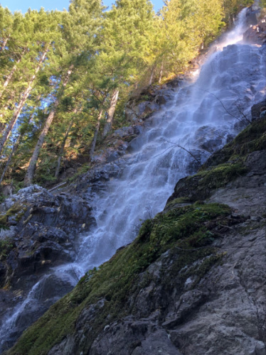 Teneriffe Falls surrounded by trees seen from below