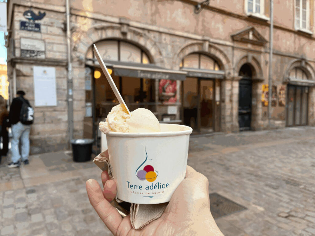 A hand holding a cup of ice cream from Terre adélice