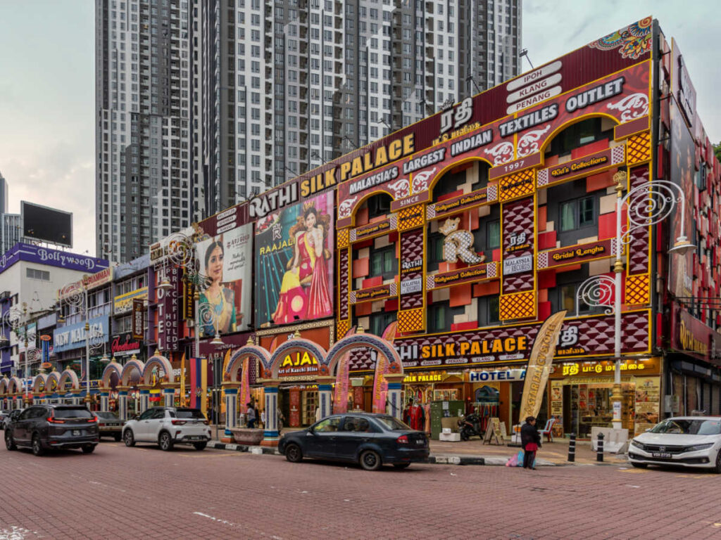 View of the silk saree and textile stores lining a street in Brickfields