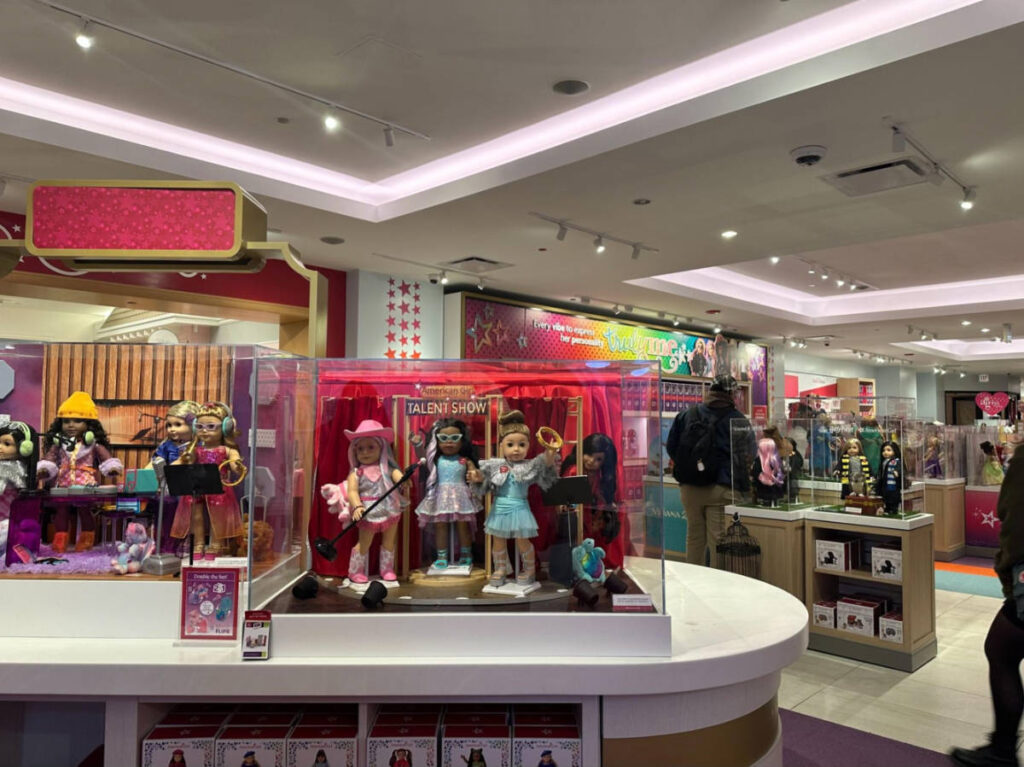 closeup look of the dolls displayed in The American Girl Store in Water Tower Place