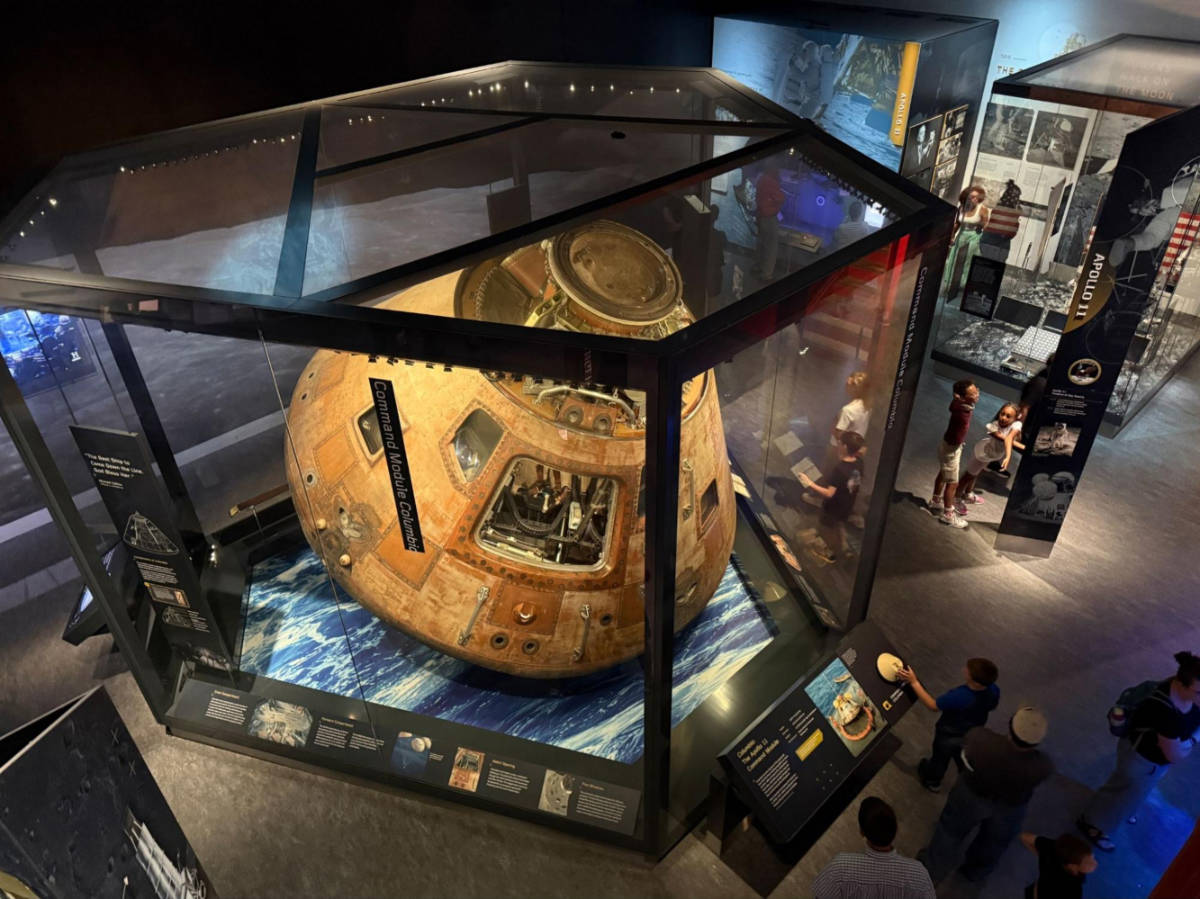 Overlooking view of the Apollo 11 Command Module in the Smithsonian Air and Space Museum