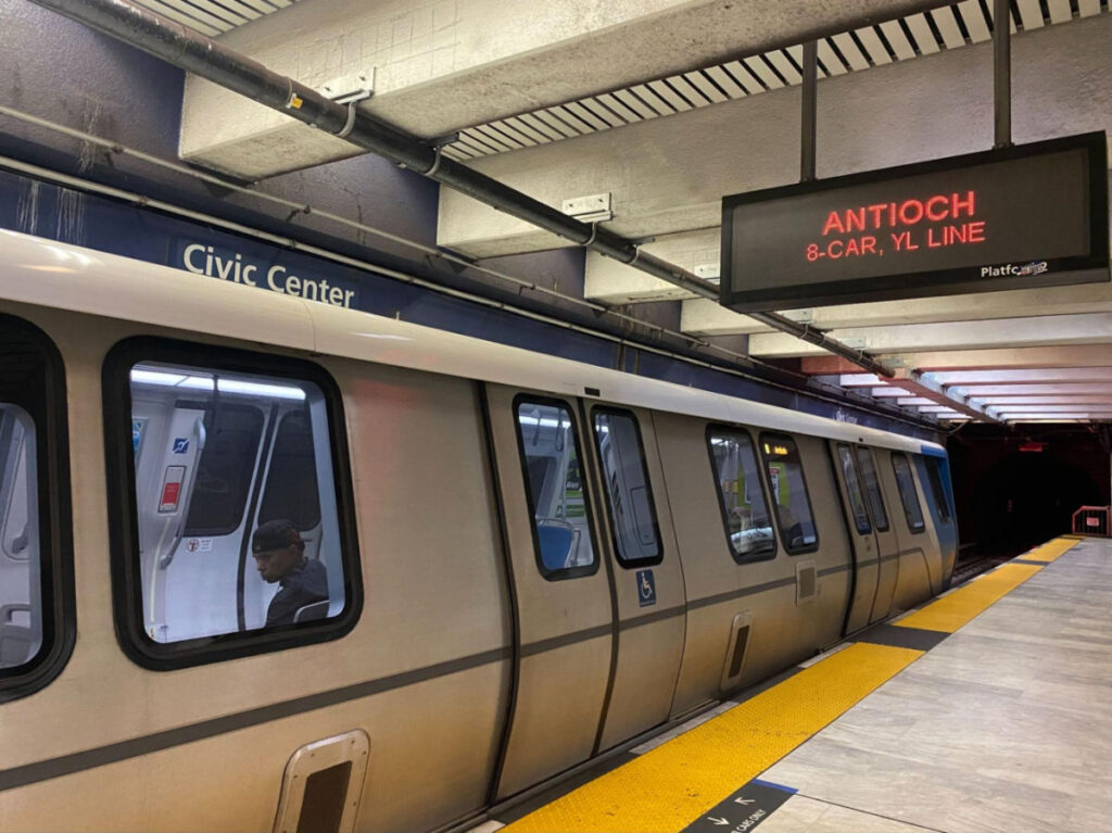 A BART train stopped at Civic Center station in San Francisco