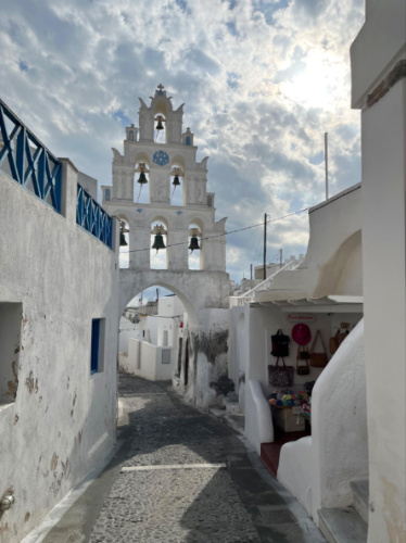 View of The Bell Tower above the archway in Megalochori