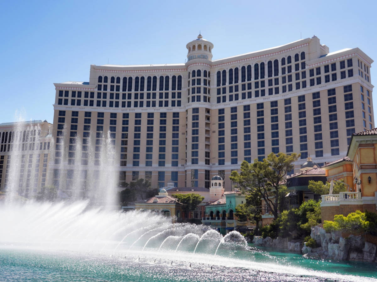 The exterior of the Bellagio Hotel and Casino in Las Vegas with a view of the fountain