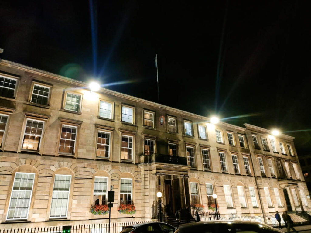 View of the facade of The Blythswood Square Hotel in Glasgow at night