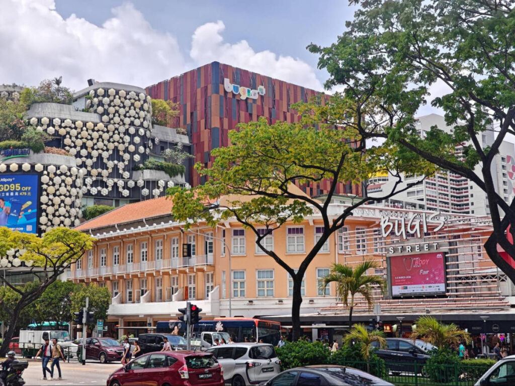 View of the lively Bugis Street Market and Bugis+ shopping mall