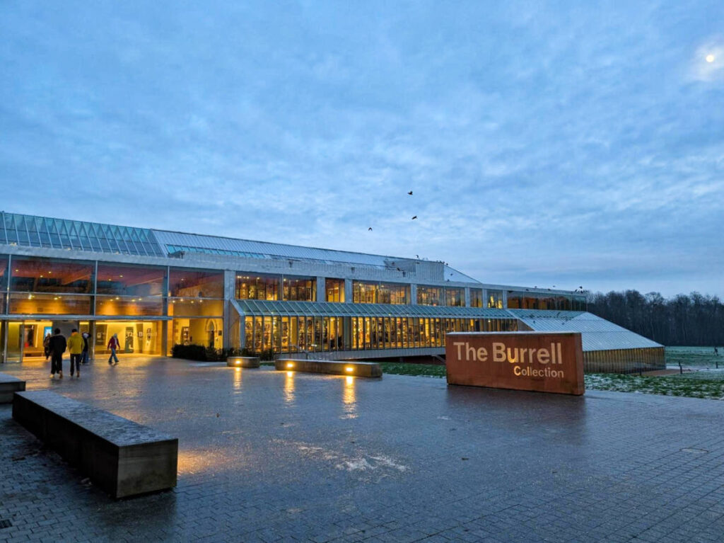 Exterior view of The Burrell Collection illuminated at night