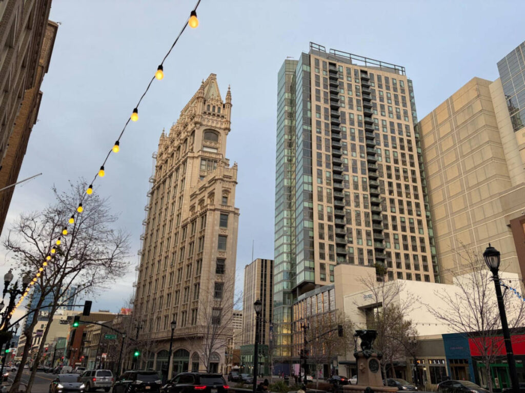 View of The Cathedral Building and the modern buildings at Downtown Oakland