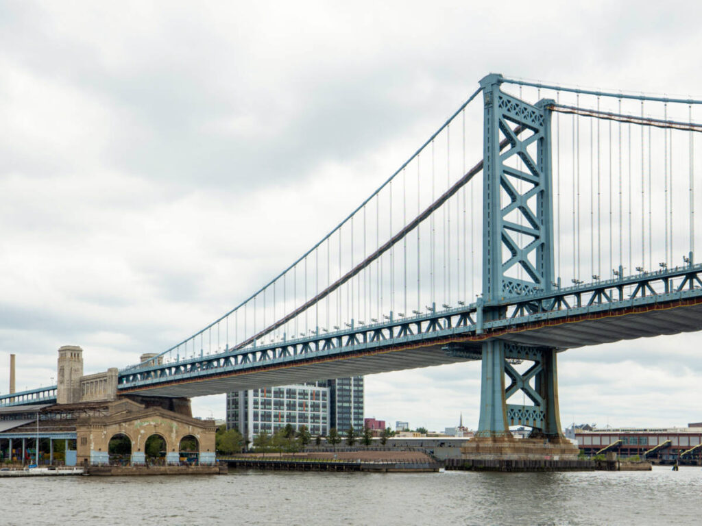 View of the Cherry Street Pier below the Benjamin Franklin Bridge
