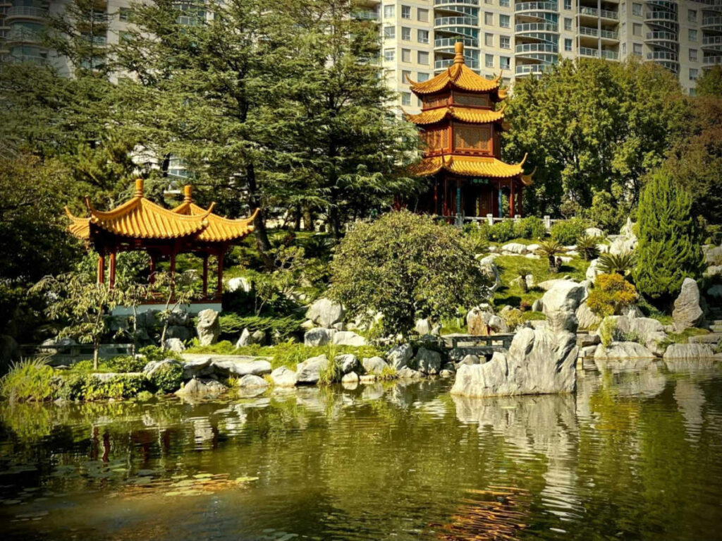 View of the waterfront pagoda at the Chinese Friendship Gardens