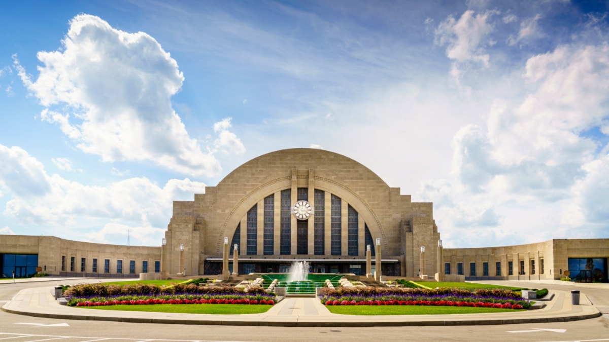 Exterior view of the Cincinnati Museum Center on a sunny day