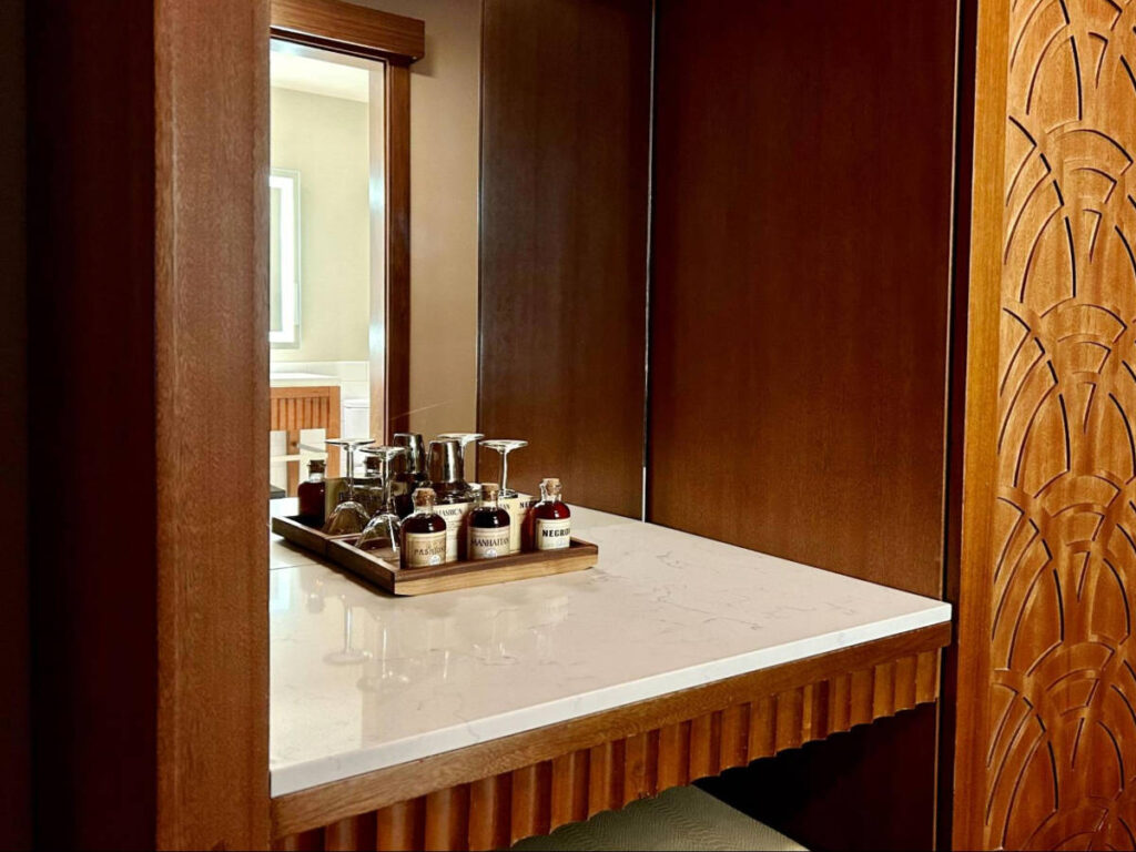 The bar area inside the room in The Crawford Hotel