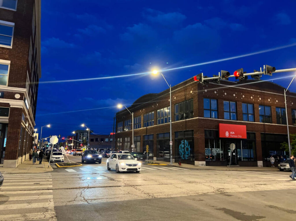View of the peaceful Crossroads Art District at night
