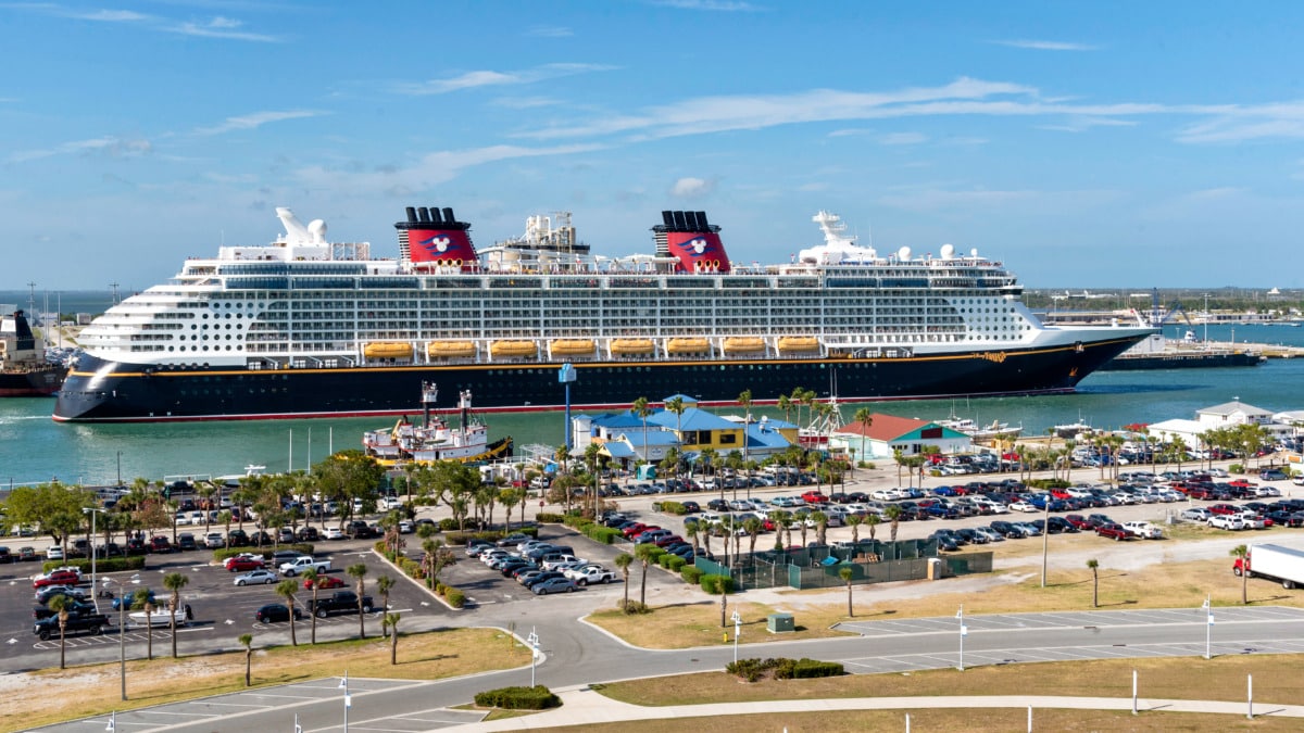 View of The Disney Fantasy Cruise Ship departing from Port Canaveral