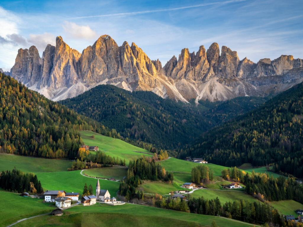 Panoramic view of the Dolomites limestone peaks and the scenic landscape