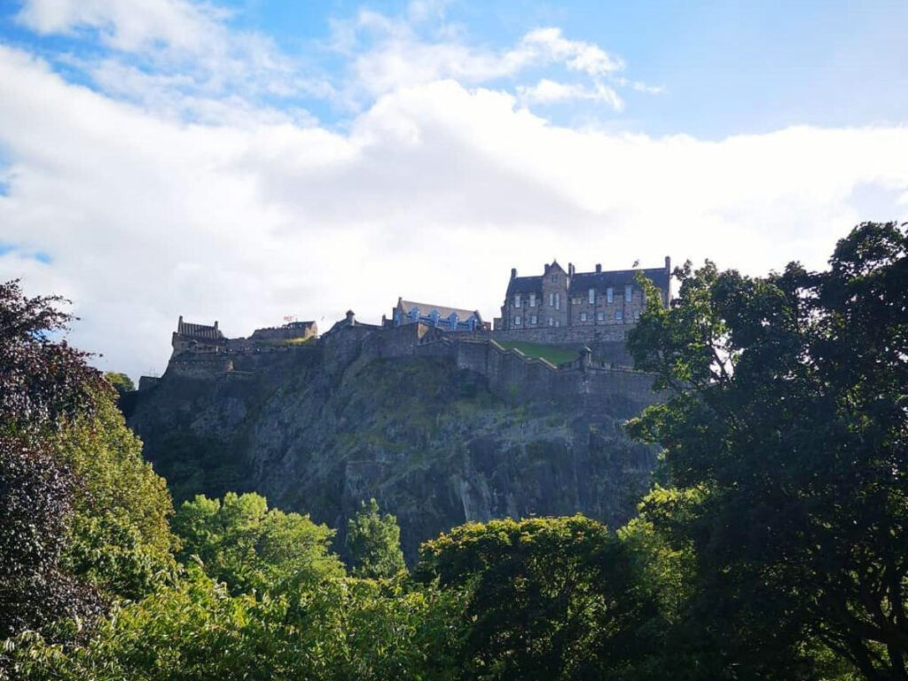 Edinburgh Castle on a sunny day, viewed from Princes Street Gardens