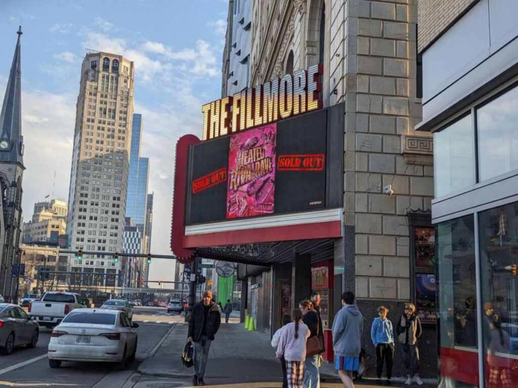 View of the LED screens and signage outside The Fillmore