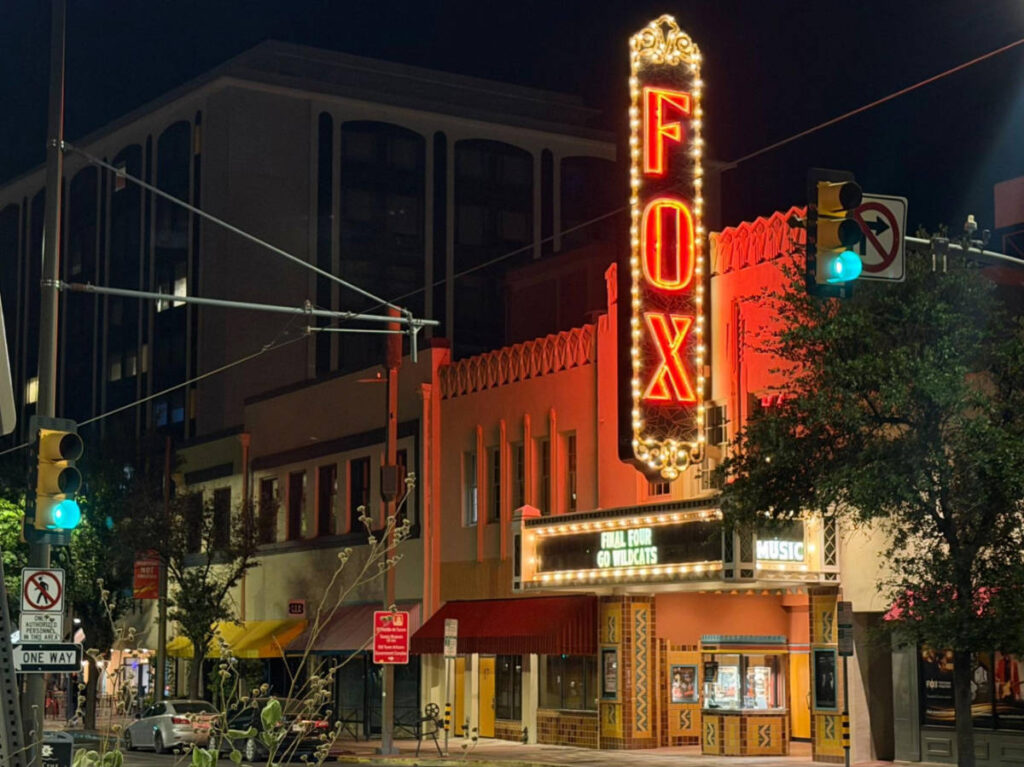 The Fox Theatre sign lit up at night