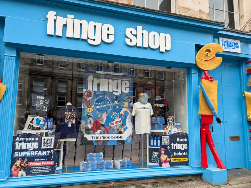 View of the merch display of The Fringe Shop from the storefront