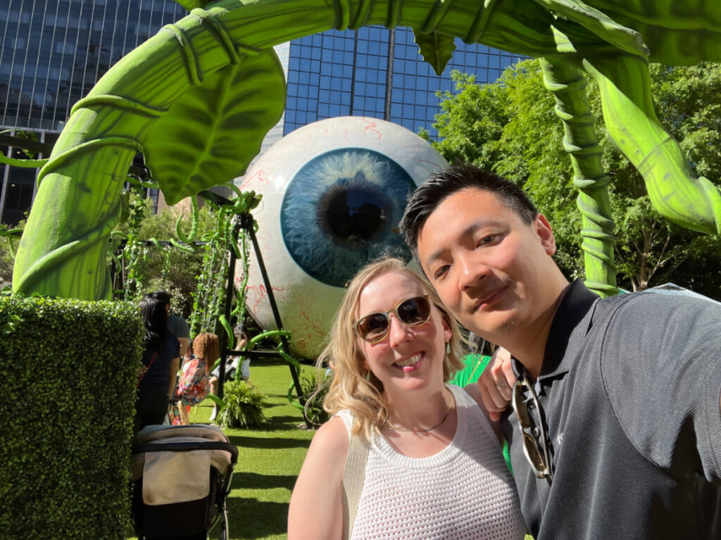 The author, Sarah Heath and her husband at The Giant Eyeball - Downtown Dallas