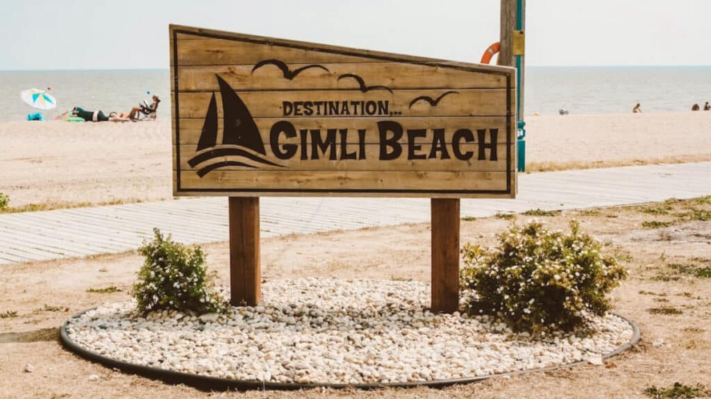 The Gimli Beach signage at the shoreline