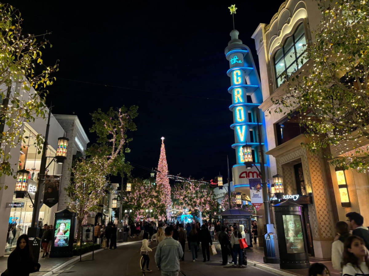 The holiday decorations in The Grove at night