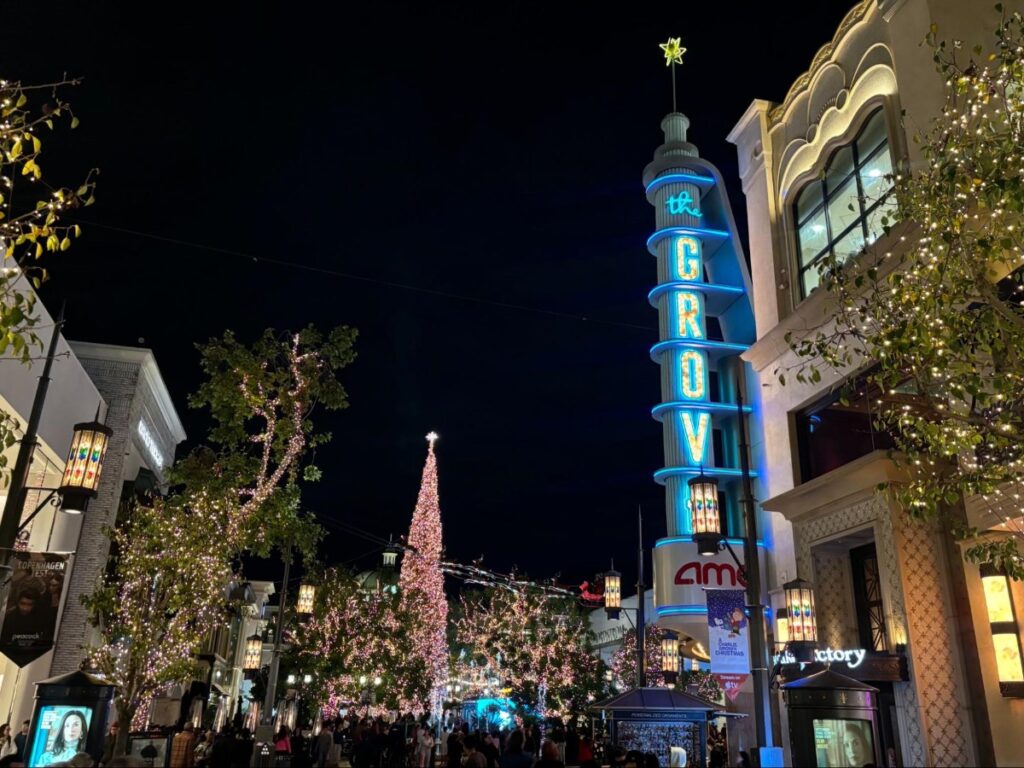 View of The Grove movie theater during the holidays