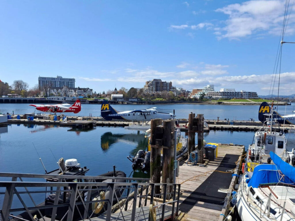 View of the Harbour Air at the harbor with the view of the Laurel Point Inn