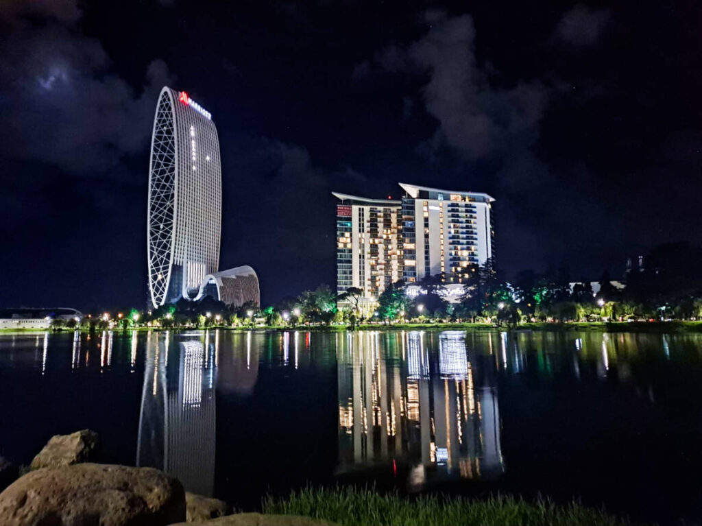 View of The Hilton Batumi Hotel and Marriott Batumi Hotel reflecting on the water at night