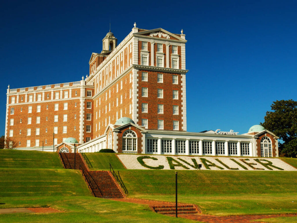 View of the magnificent exterior and landscape of The Historic Cavalier Hotel
