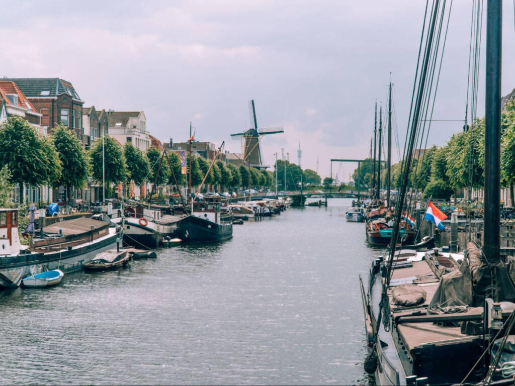 View of the neighborhood of Delfshaven and trees around the port