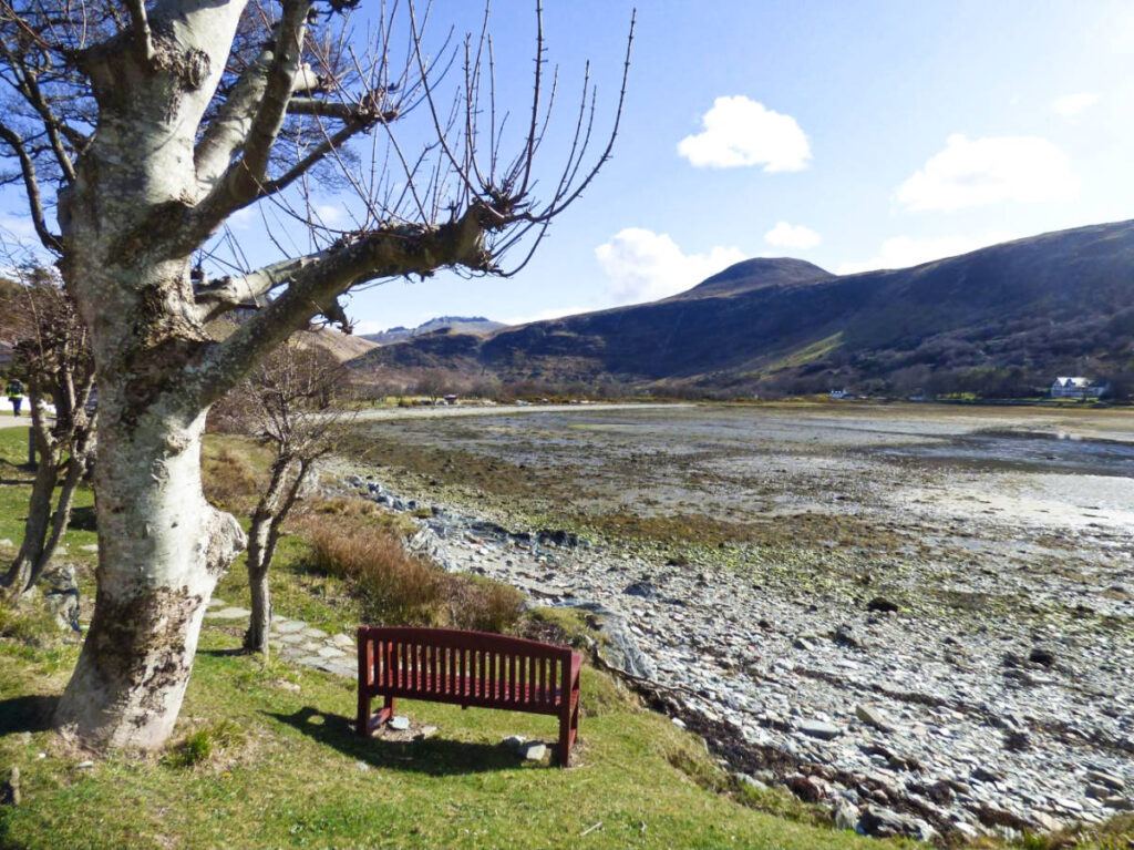 A bench facing the scenic view at The Isle of Arran