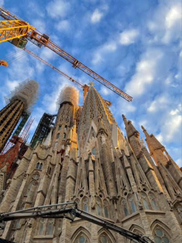 La Sagrada Familia Cathedral in Barcelona, Spain seen from below