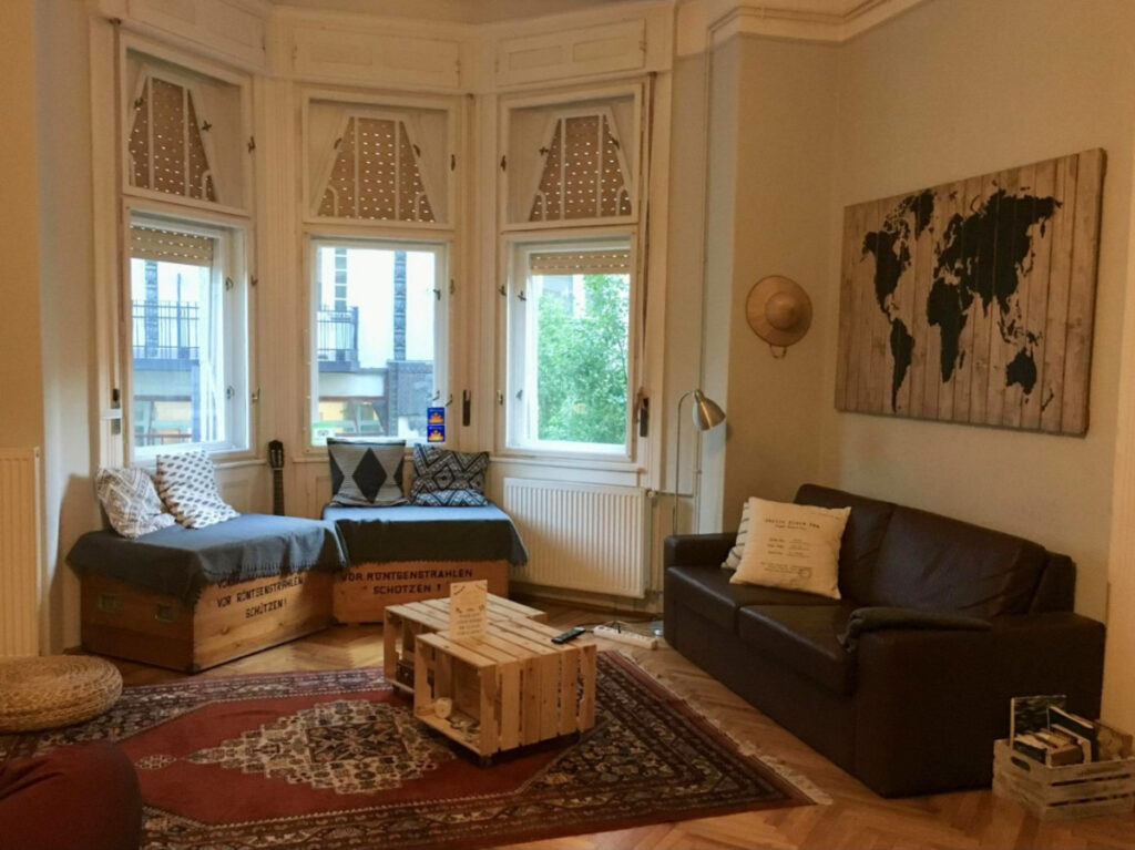 Interior view of the The Lazy Muggle, a hostel in Budapest