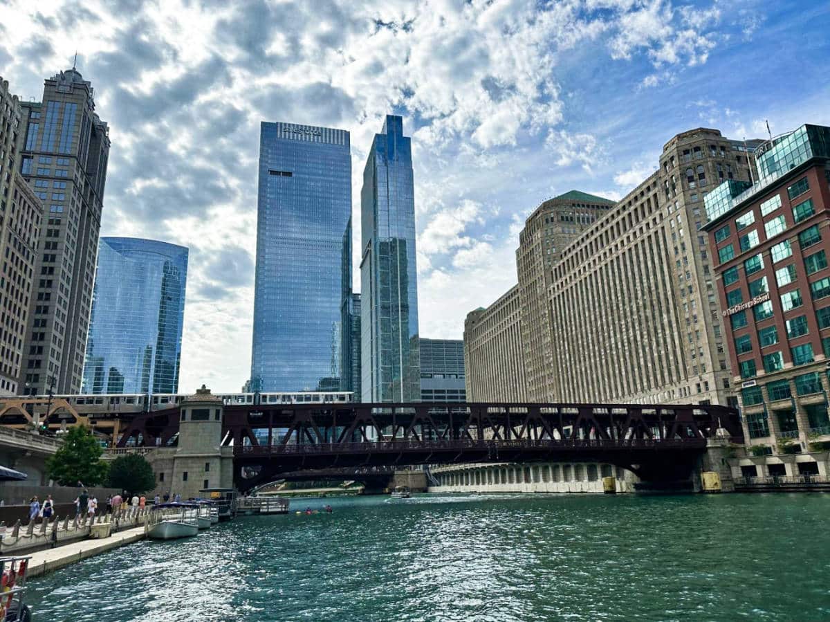 View of the “L” crossing the bridge from the Loop into River North on a sunny day