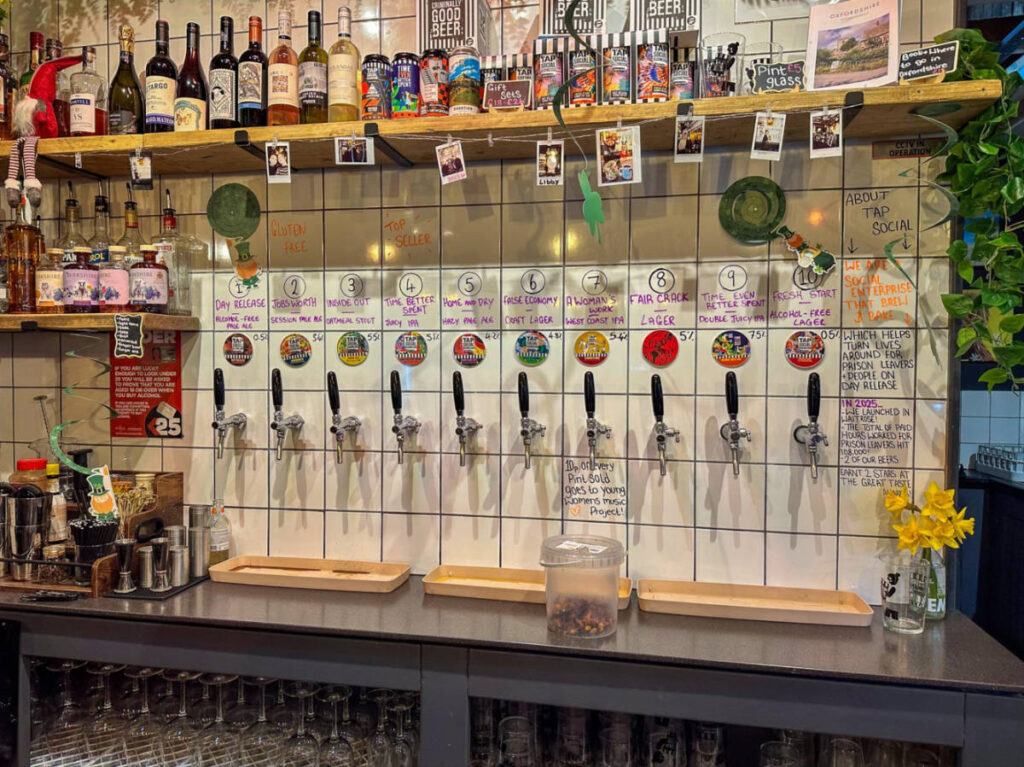 View of the variety of beer taps at The Market Tap in Oxford’s Covered Market